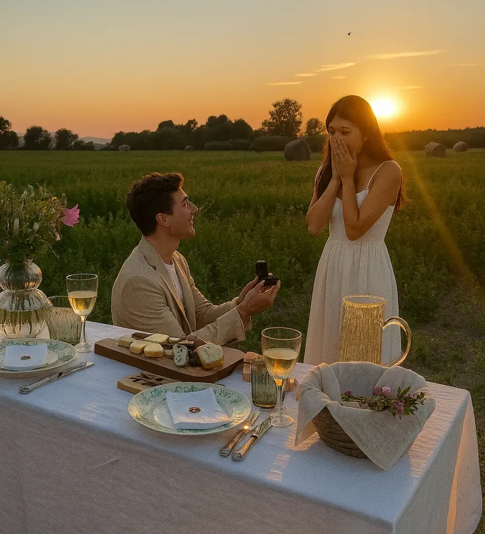 The man proposes in a romantic setup in nature with somnis proposals