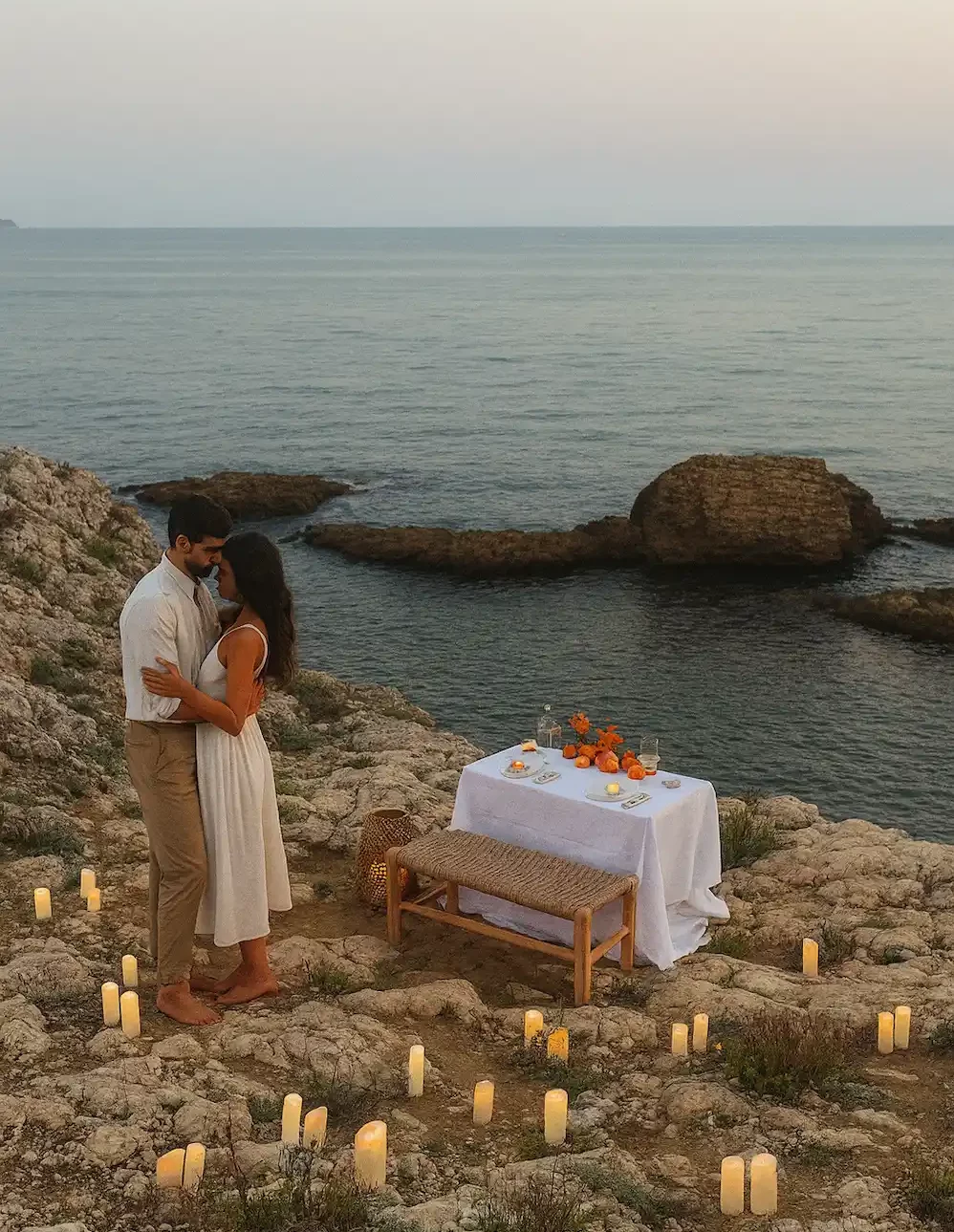 A seaside setup as a proposal service by Somnis Proposals with a couple in their intimate moment