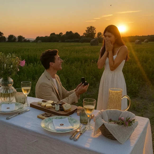 The man proposes in a romantic setup with somnis proposals