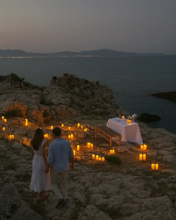 A seaside setup as a proposal service by Somnis Proposals with a couple in their intimate moment